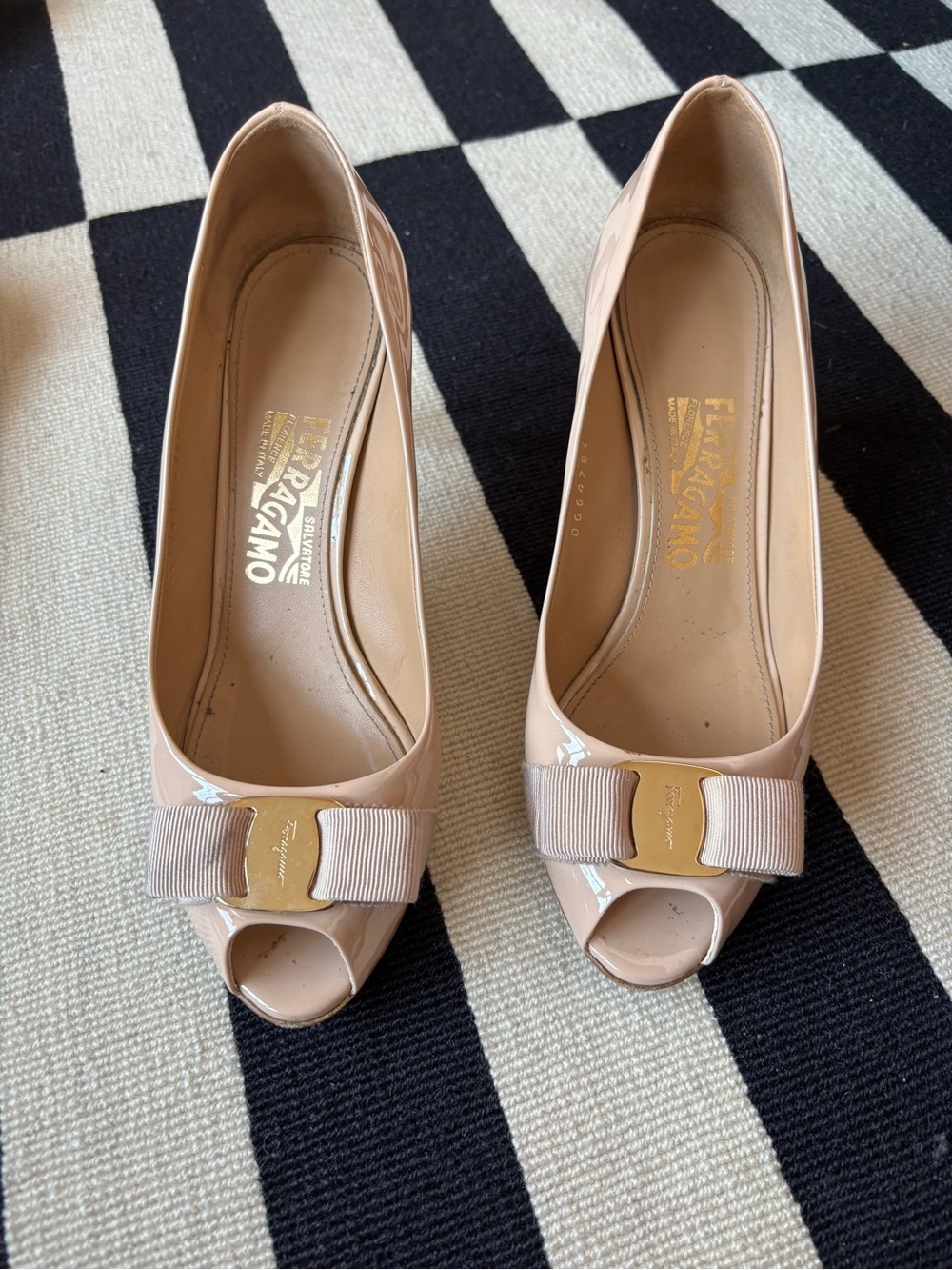 Salvatore Ferragamo Nude Patent Leather Bow Peep-Toe Pumps